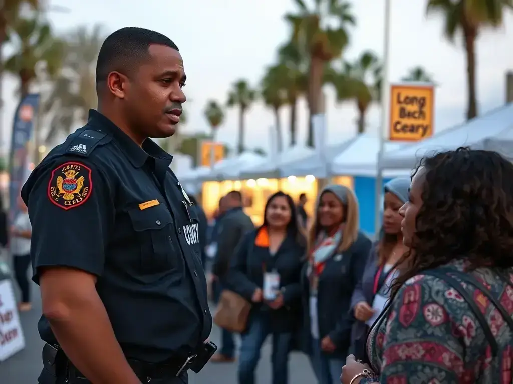 An image showcasing Safety Host Unit's local expertise in Long Beach, featuring a security team member interacting with local business owners during a community event.
