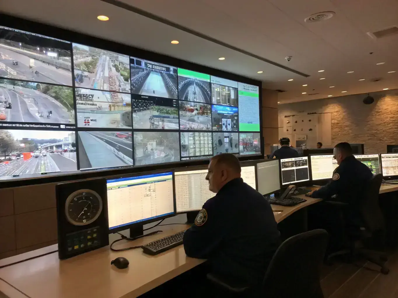 A security guard attentively monitors a bank's surveillance system, focusing on multiple screens displaying live feeds from various cameras within and outside the building, ensuring comprehensive coverage and immediate response to any suspicious activity.