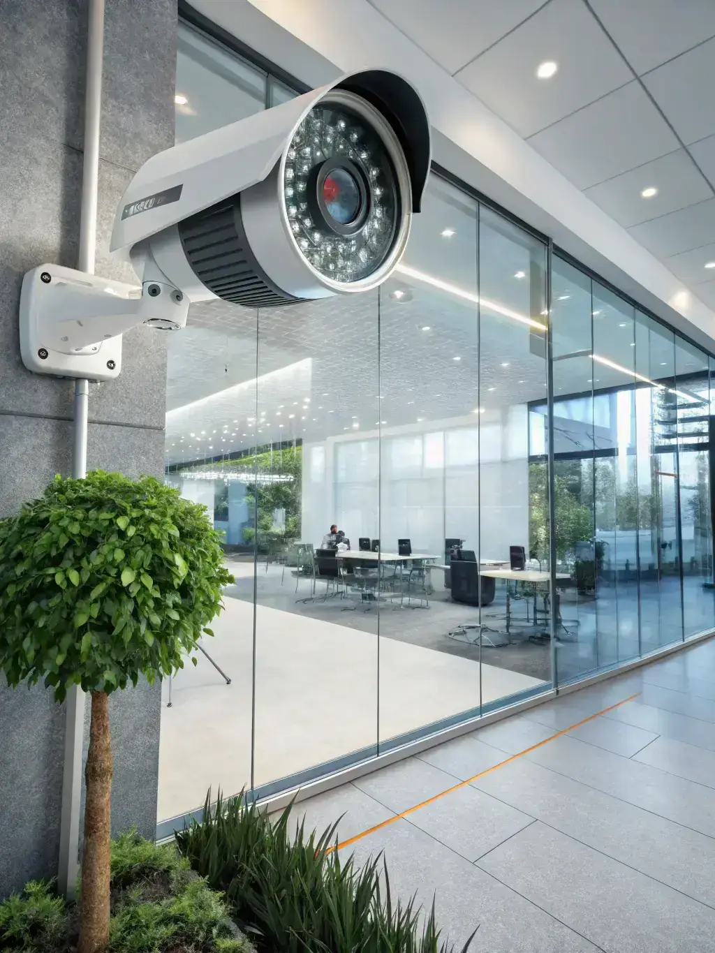 An image showcasing advanced security technology, such as surveillance cameras and alarm systems, being installed in a commercial property in Beverly Hills.