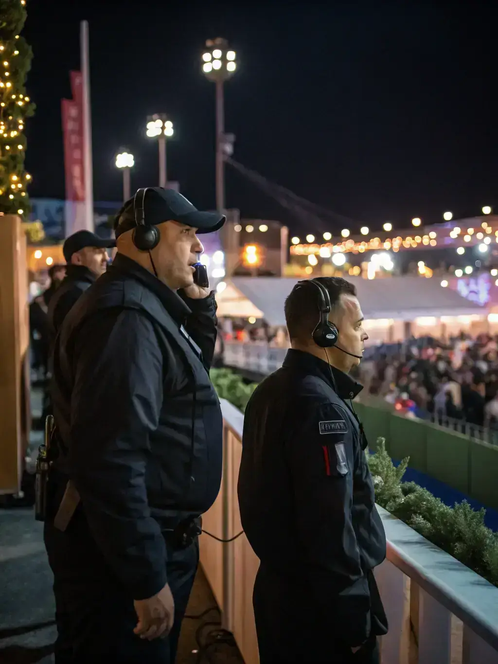 An image of security personnel managing crowd control at a high-profile event in Beverly Hills, such as a red carpet premiere or charity gala.