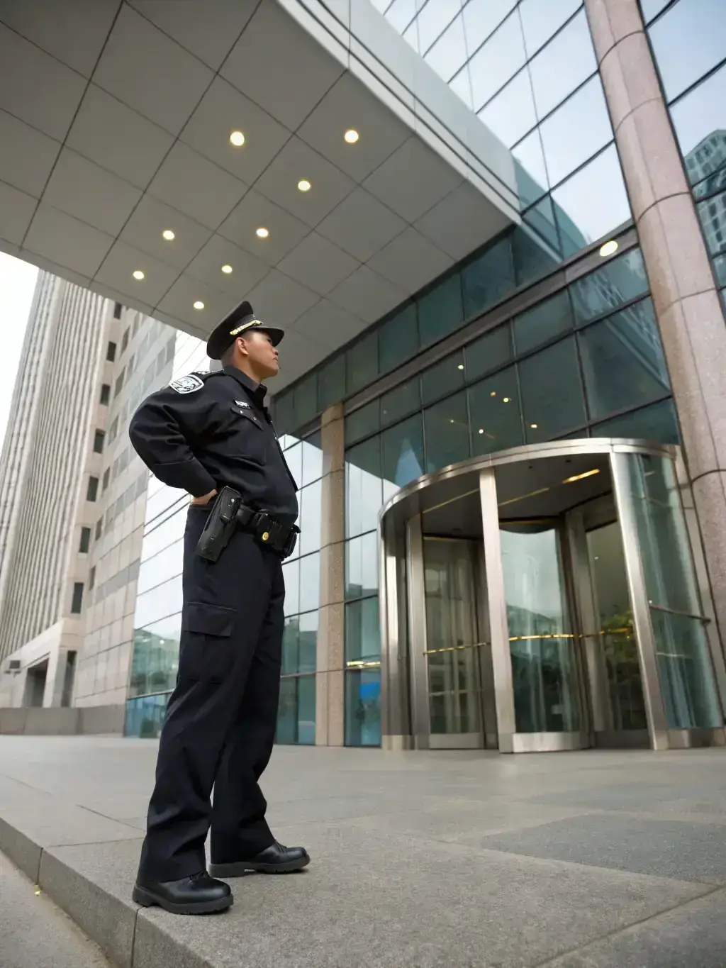 A security guard standing attentively in front of a commercial building at night, ensuring the safety and security of the premises.