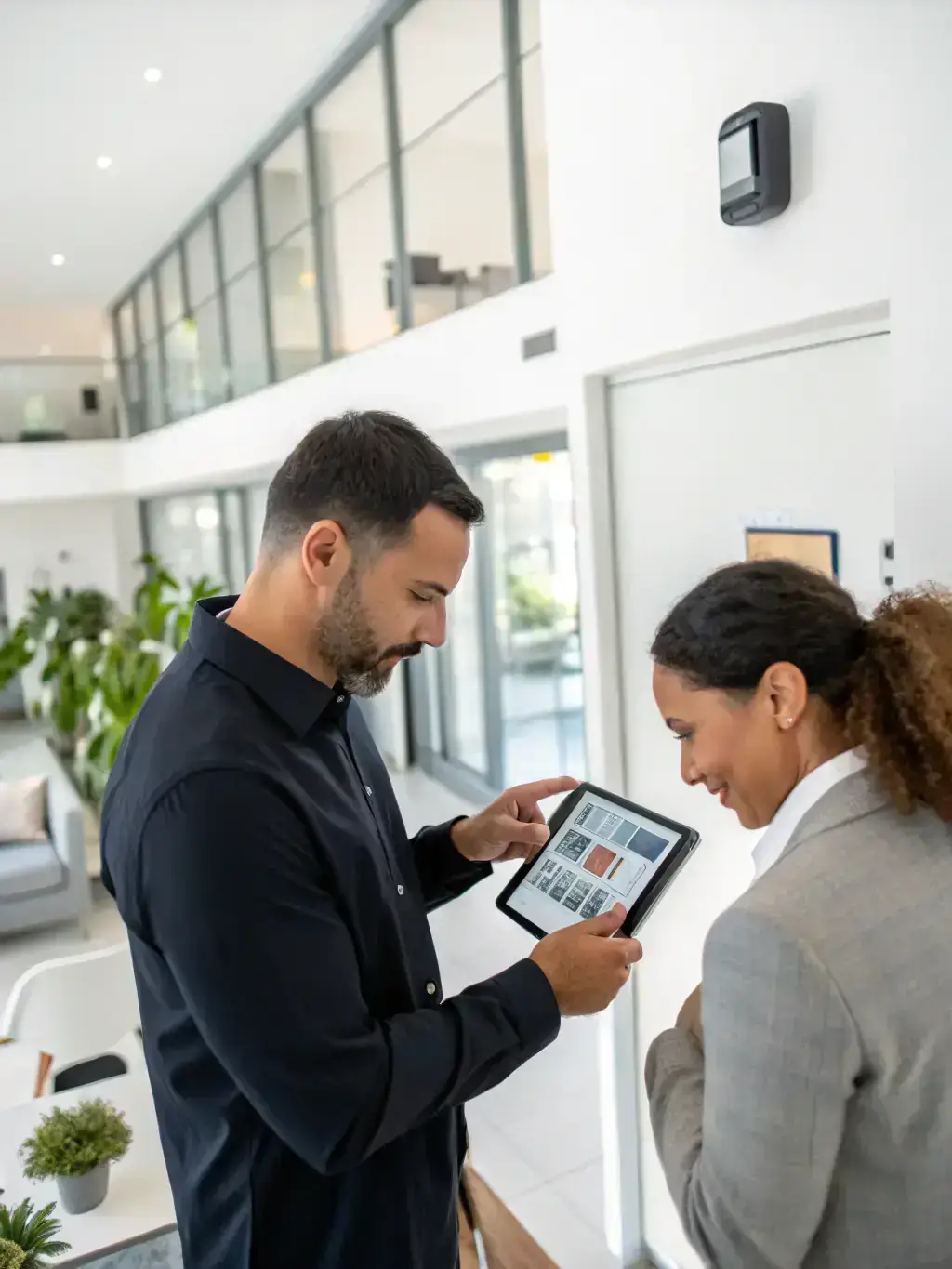 A photo of a Safety Host Unit security consultant meeting with a Malibu homeowner to discuss customized security solutions.