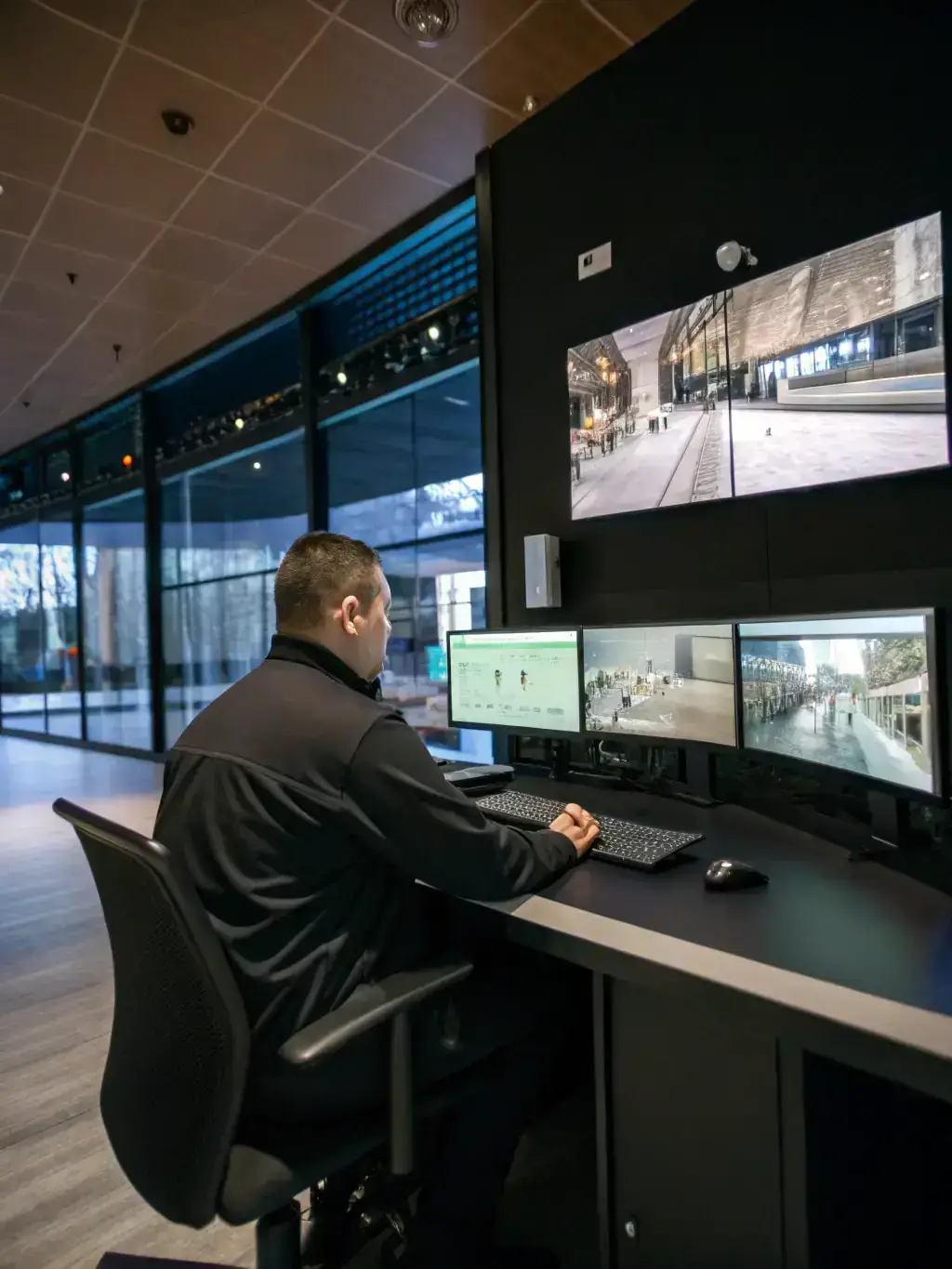 A security guard monitoring surveillance cameras in a control room, ensuring comprehensive coverage of the financial institution's premises.