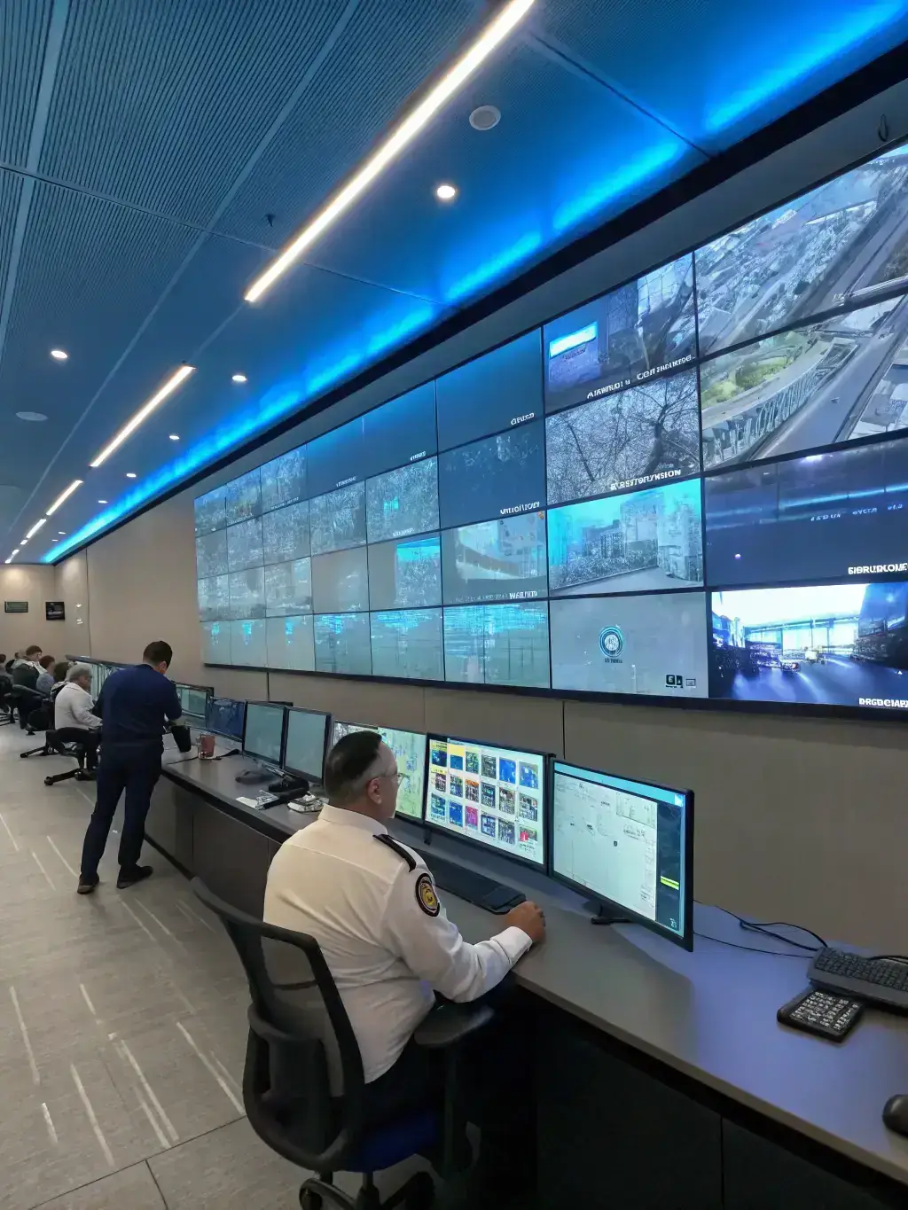 A state-of-the-art security control room in Pasadena, showcasing advanced technology and monitoring systems.