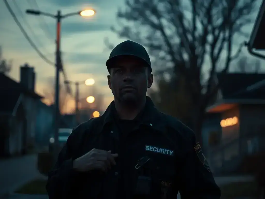 A high-angle, wide shot of a security guard patrolling a residential neighborhood in Long Beach at dusk, with well-lit homes and manicured lawns visible in the background, conveying a sense of safety and vigilance.