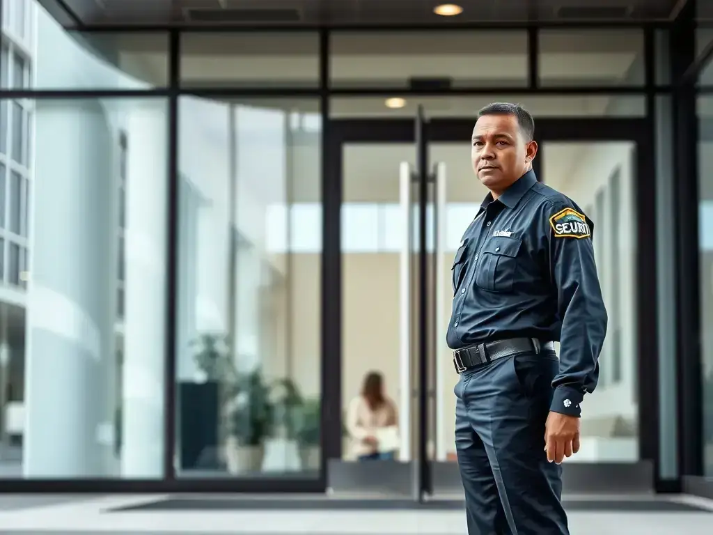 A security guard standing watch outside a high-rise office building in Los Angeles, with a focus on their professional demeanor and the building's secure entrance.