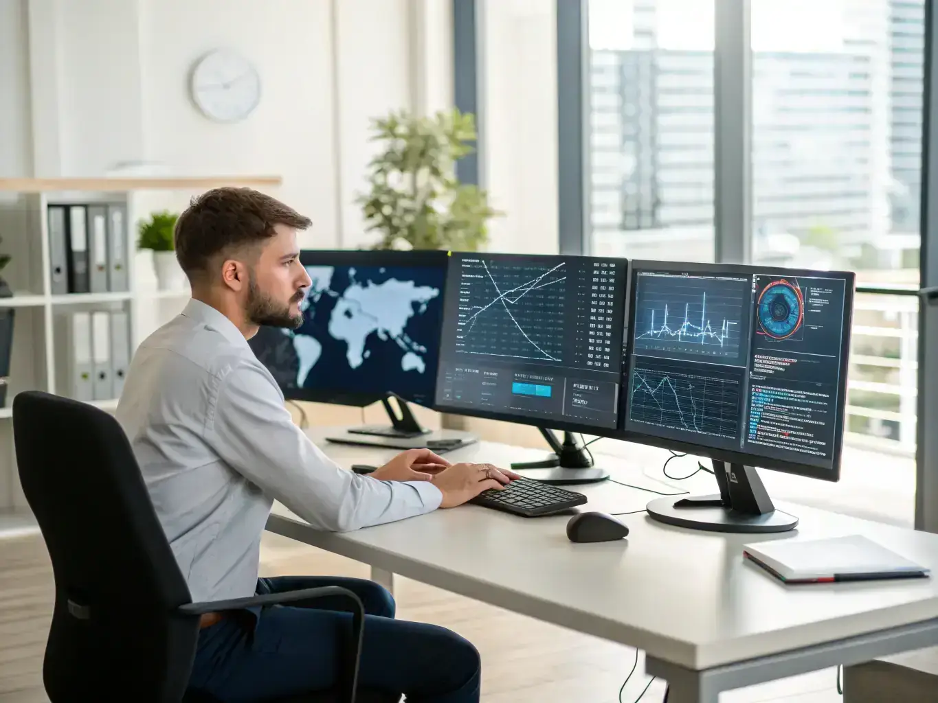 A security guard monitoring surveillance cameras in a business setting in Santa Monica, ensuring the safety of employees and assets.