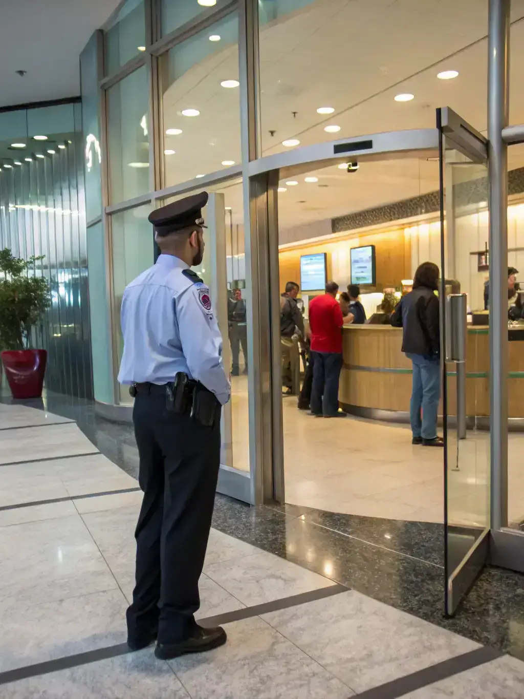 A security guard standing attentively in the lobby of a bank, greeting customers with a friendly smile, ensuring a safe and welcoming environment.