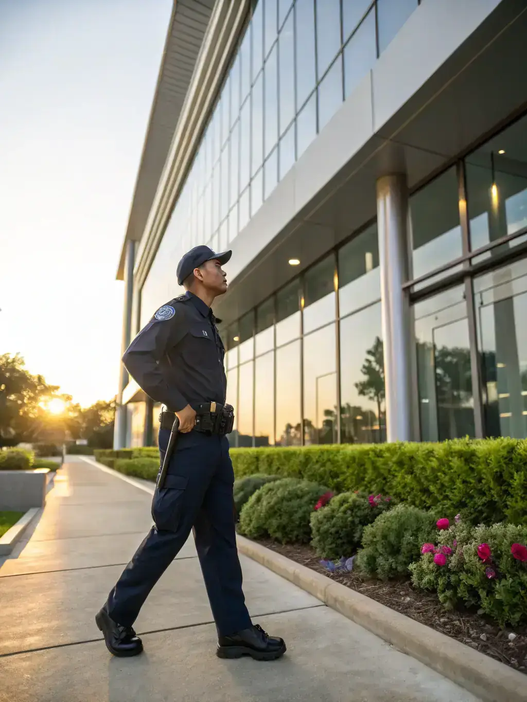 A security guard standing watch at the entrance of a business in Glendale during business hours, ensuring the safety of employees and customers.
